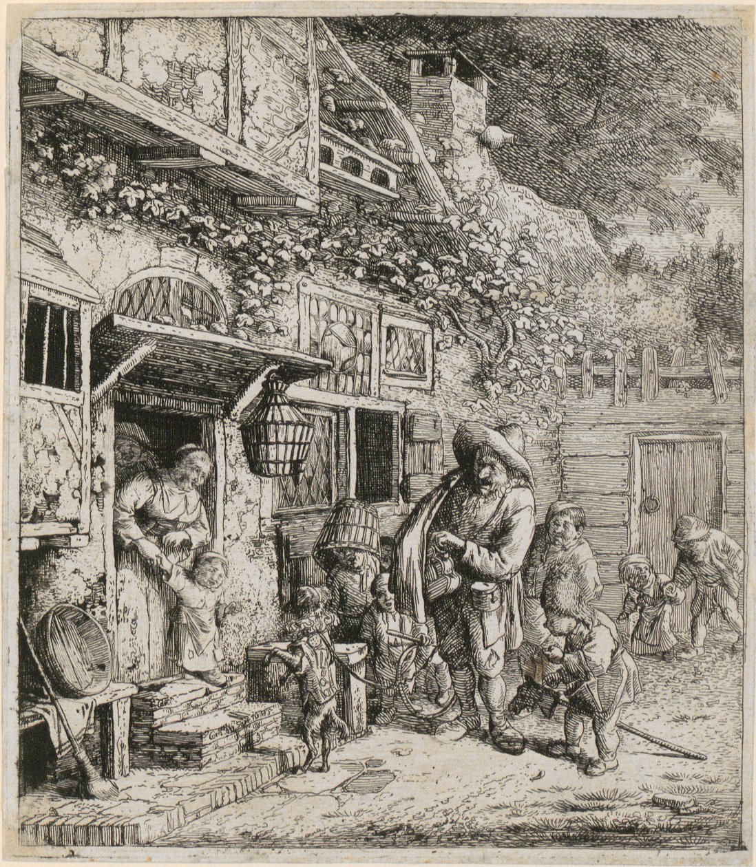 Suonatore di lira con il suo cane danzante da Cornelis Dusart