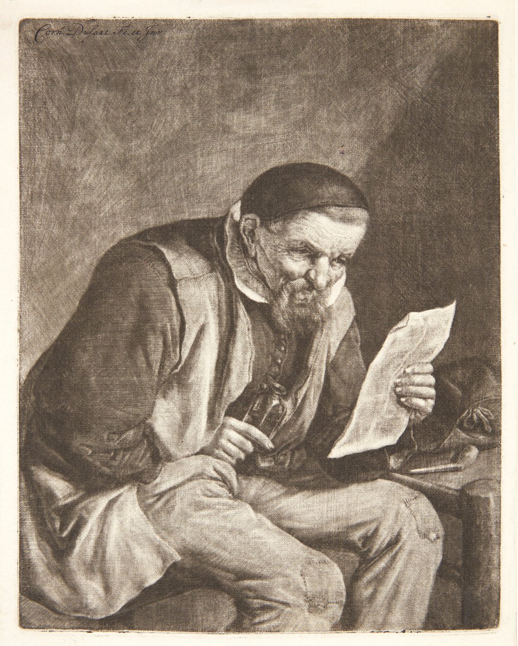 Contadino seduto che legge una lettera da Cornelis Dusart