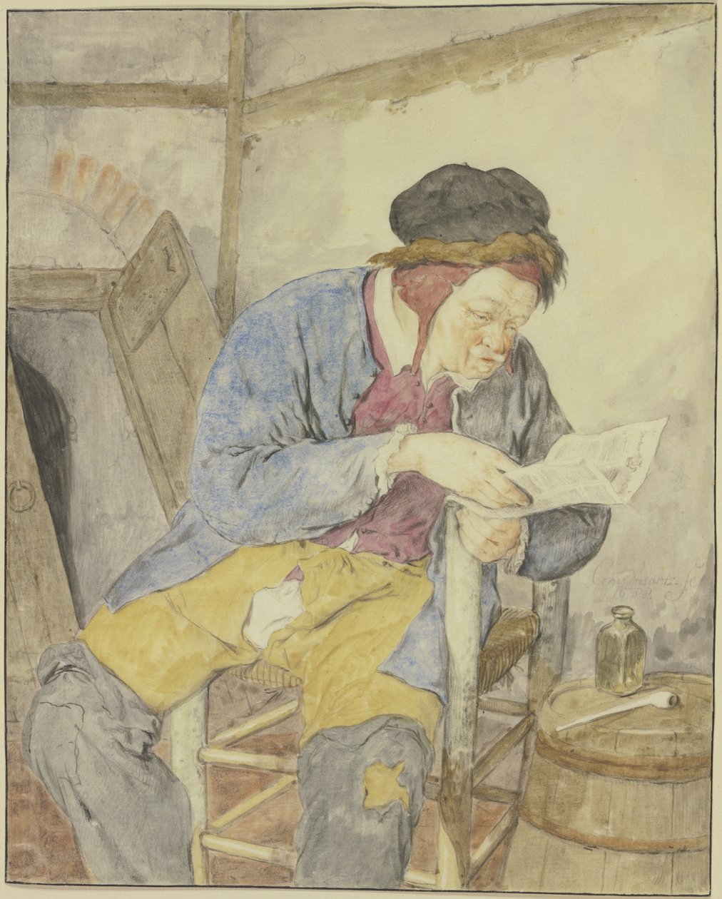 Lettore di giornale accanto a una botte da Cornelis Dusart