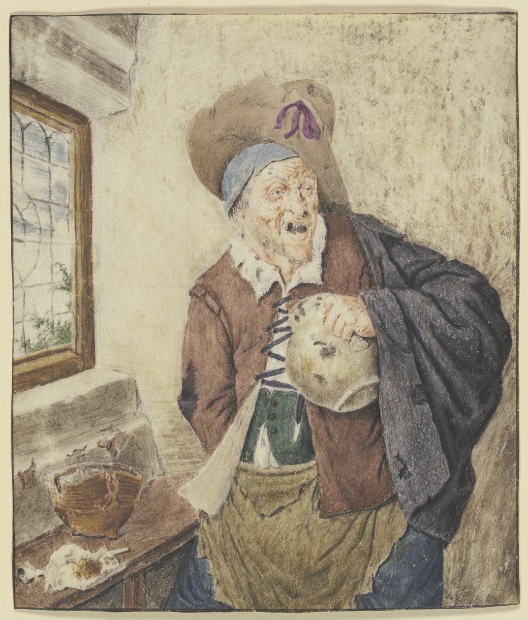 Contadino straccione presso una finestra, con una brocca in mano da Cornelis Dusart