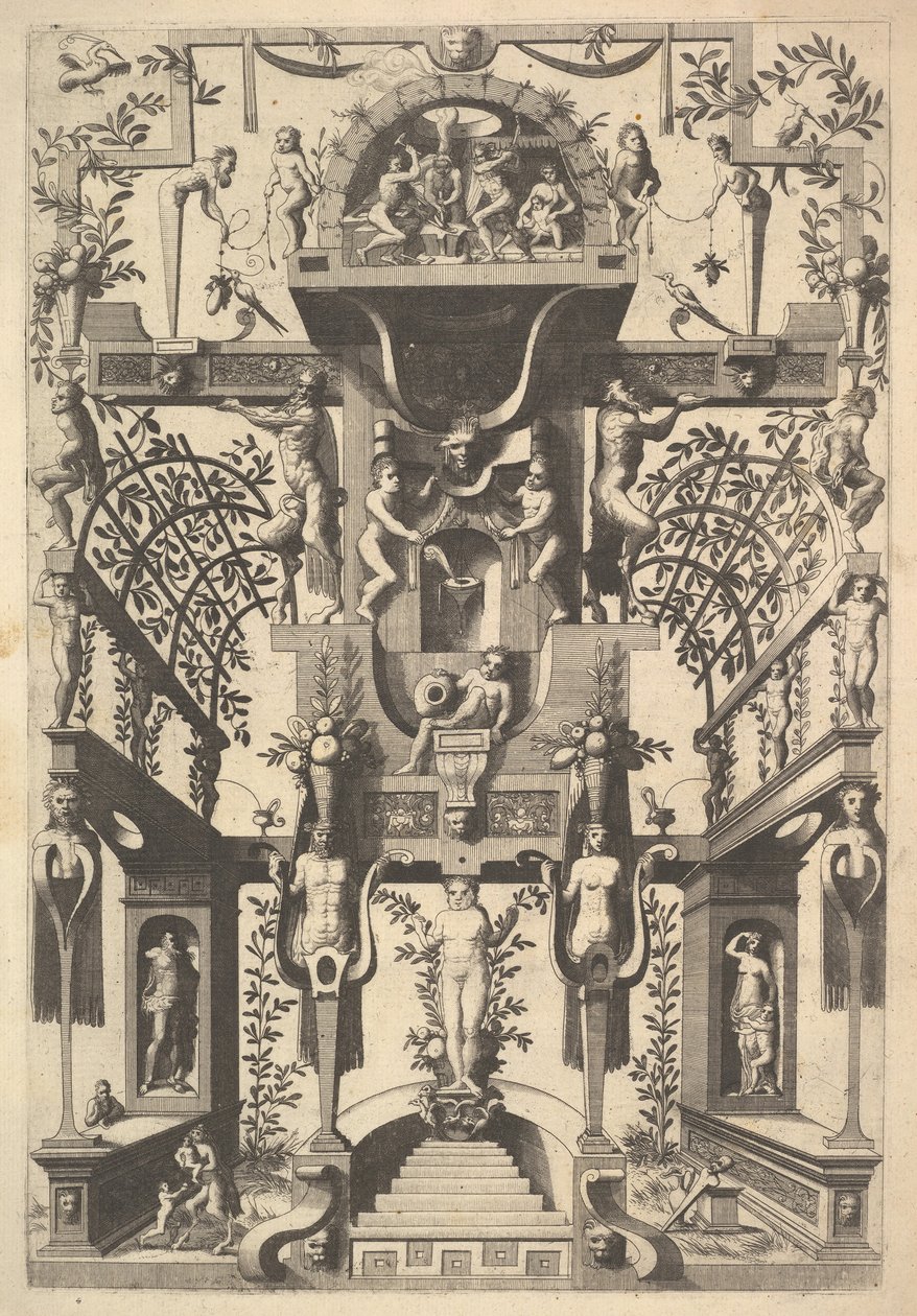 Struttura architettonica fantastica con lavori a cinghia e due pergole e una piccola scena con veduta da Cornelis Floris Ii