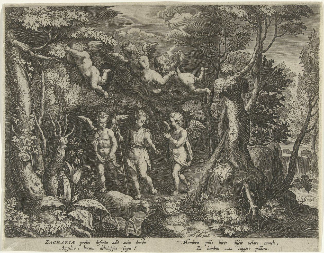 Giovanni Battista accompagnato da angeli mentre entra nel deserto da Cornelis Galle (I)