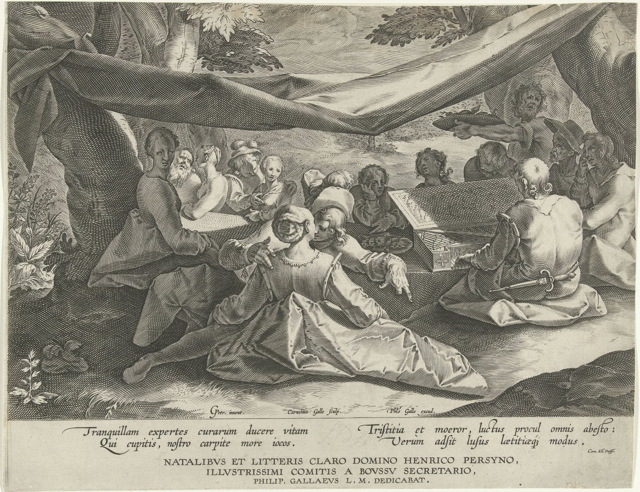 Compagnia musicale con uomo dietro il virginale da Cornelis Galle (I)