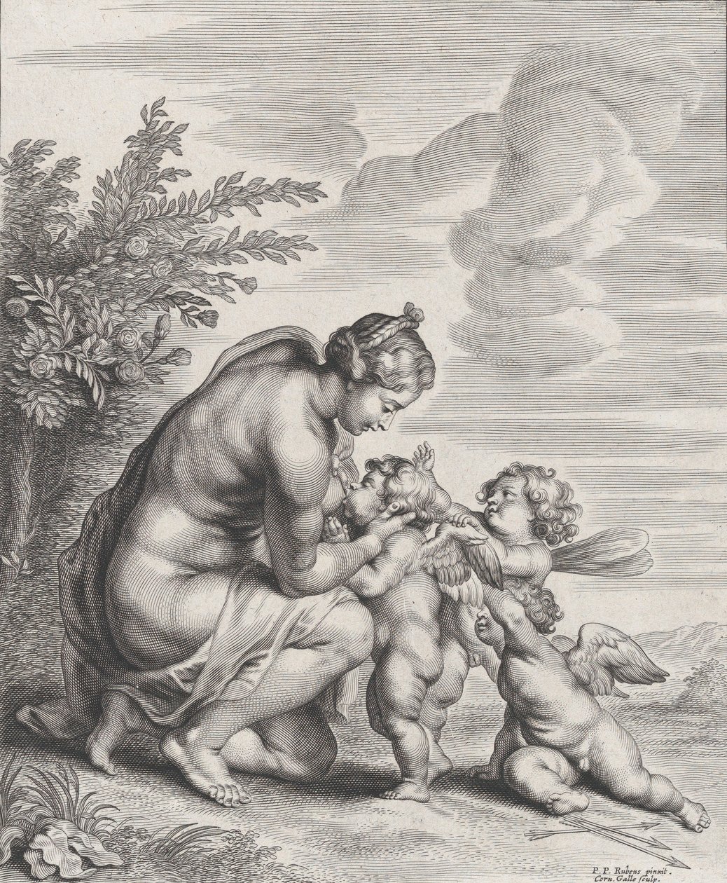 Venere che Allatta Tre Cupidi in un Paesaggio da Cornelis Galle II