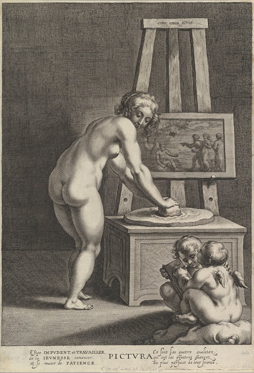 Pictura: allegoria della pittura, con una donna nuda al centro che macina pigmenti da Cornelis Galle I