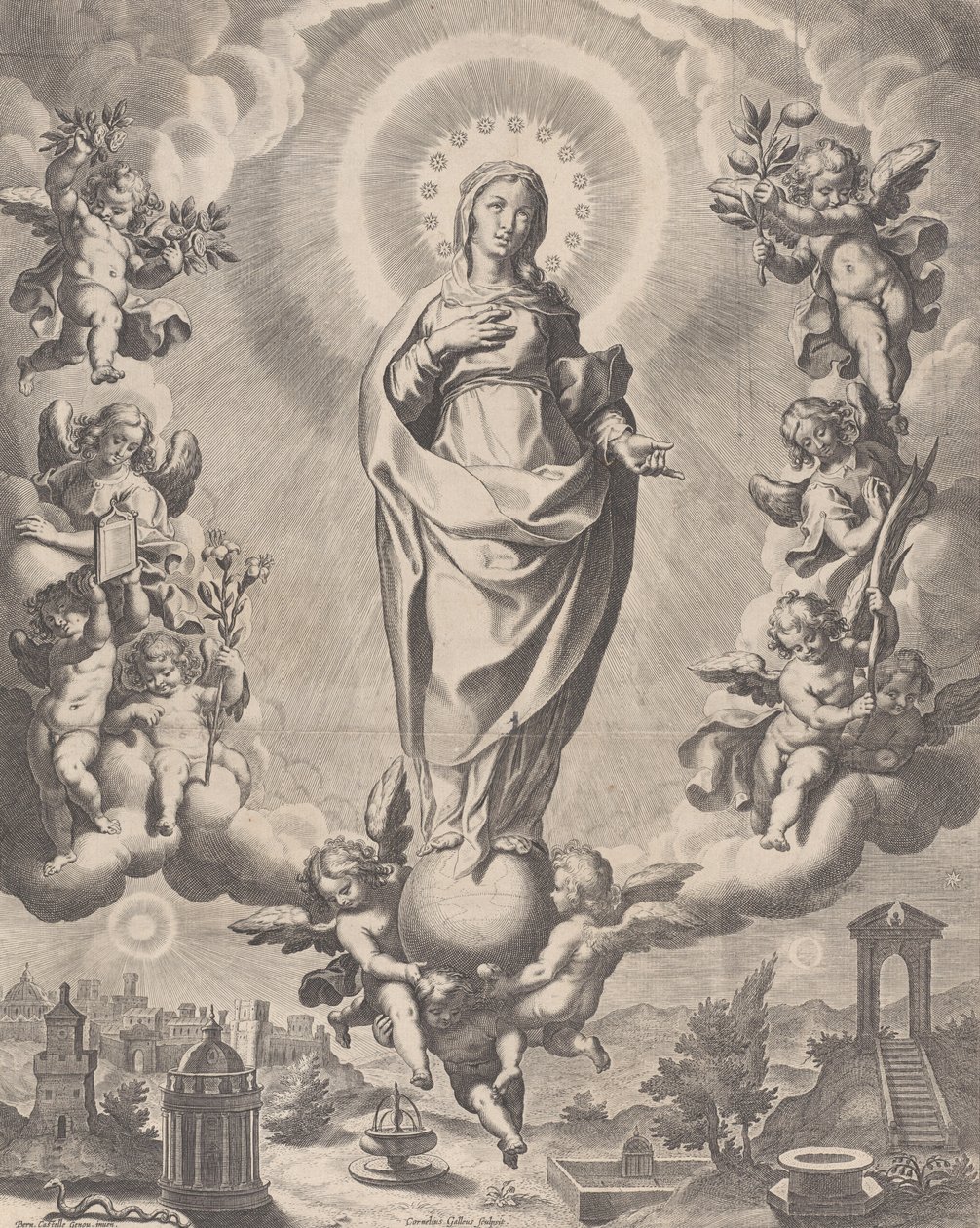 La Vergine in Gloria, in piedi sulle nuvole e circondata da angeli che tengono i simboli, 1595-1633 da Cornelis Galle I