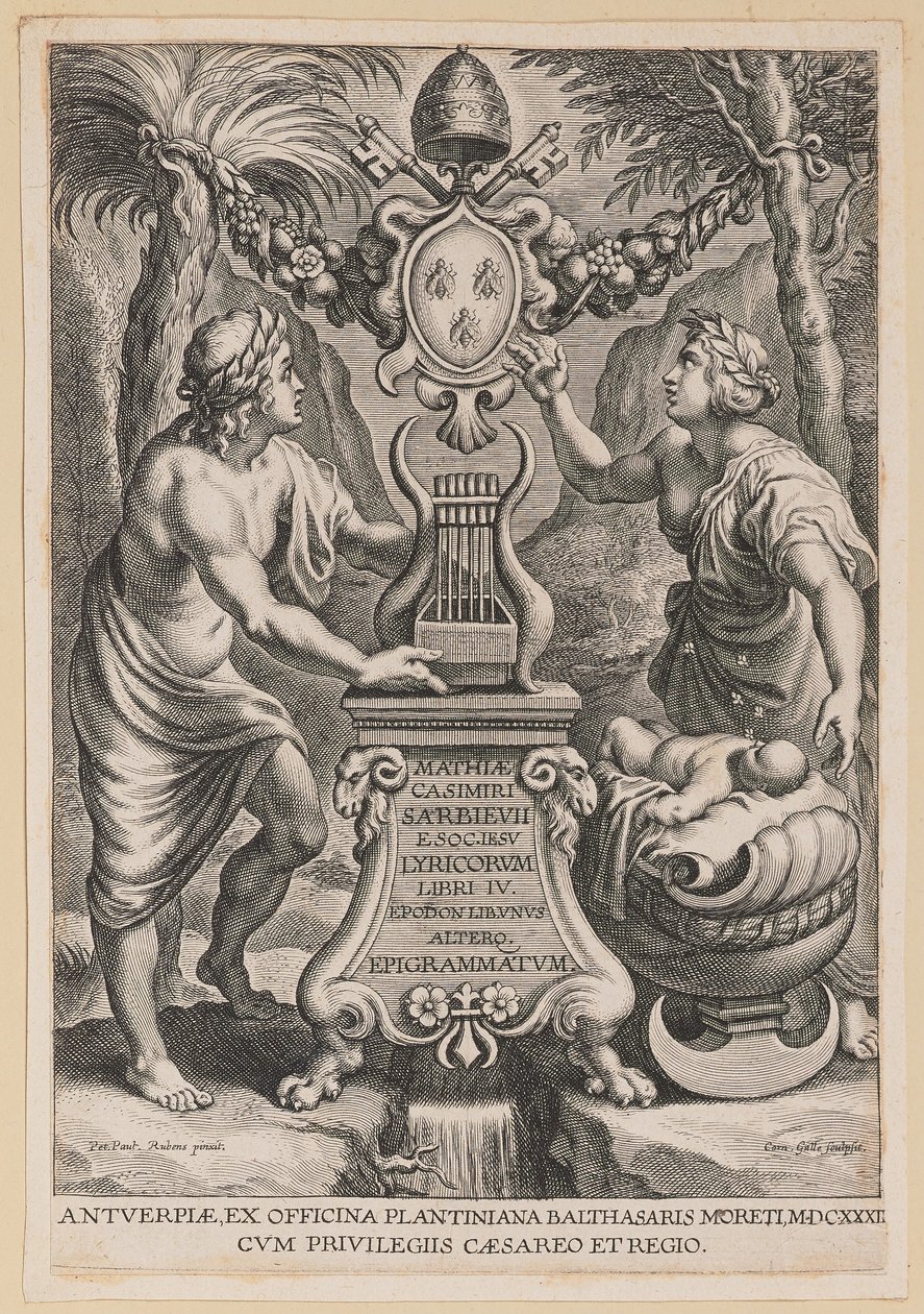 Pagina del titolo per "Lyricorum Libri IV" di M.C. Sarbievski da Cornelis Galle I after Sir Peter Paul Rubens