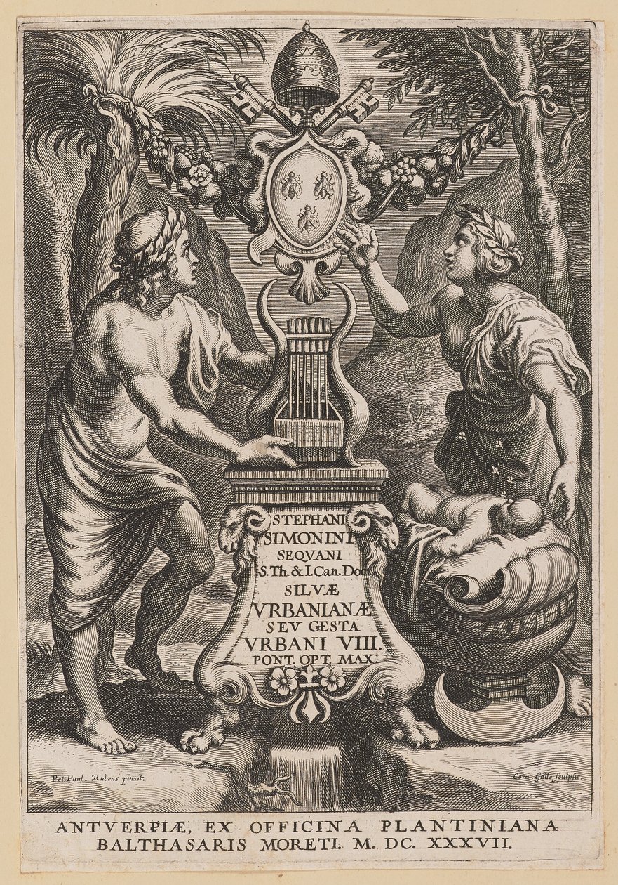 Pagina del titolo per Stephanus Simonini, Silvae Urbaninae da Cornelis Galle I after Sir Peter Paul Rubens