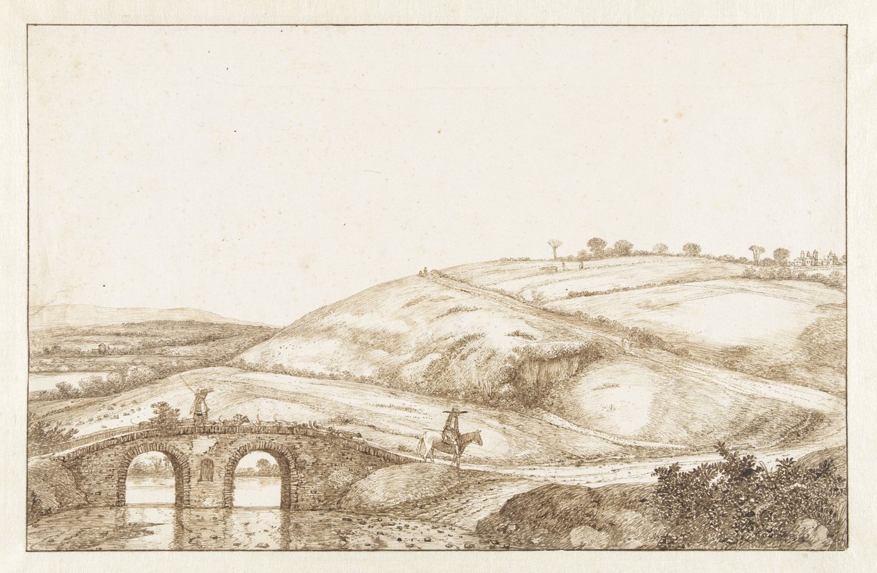 Paesaggio collinare con ponte di pietra da Hendrick Cornelisz. Vroom