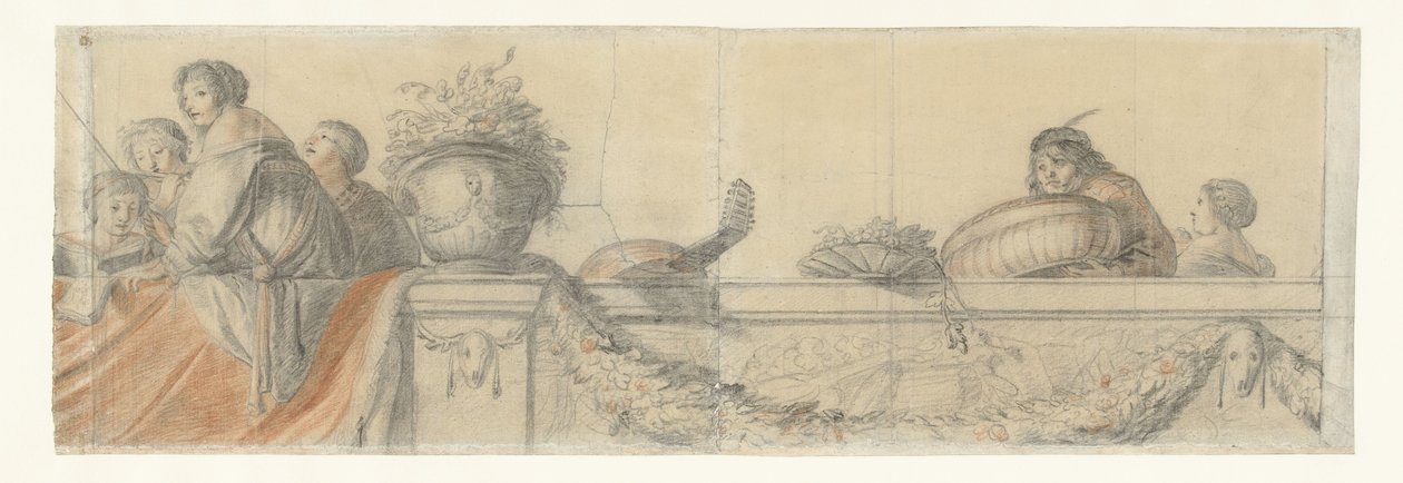 Persone su una balaustra con festoni (Ontwerpen voor wandschilderingen in kasteel Honselaersdijk) da Cornelis Holsteyn