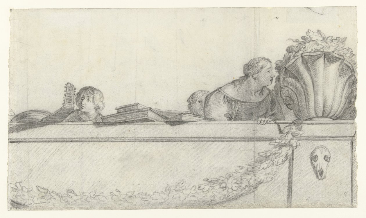 Persone su una balaustra con festoni (serie Progetti per affreschi nel castello di Honselaersdijk) da Cornelis Holsteyn