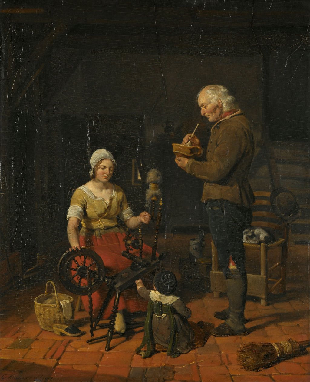 Interno con famiglia contadina e gatto addormentato da Cornelis Kruseman