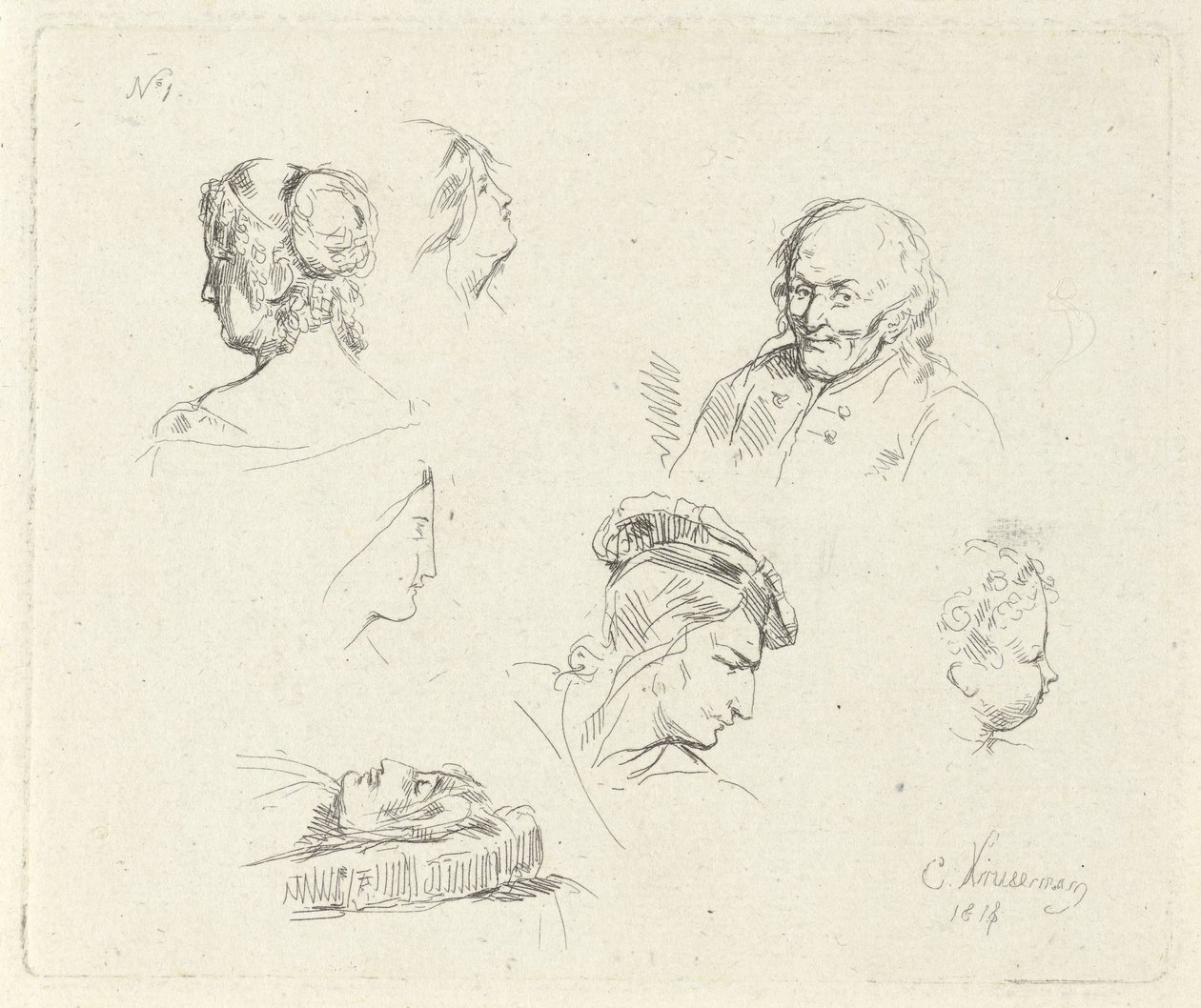 Foglio di studio con diverse teste da Cornelis Kruseman