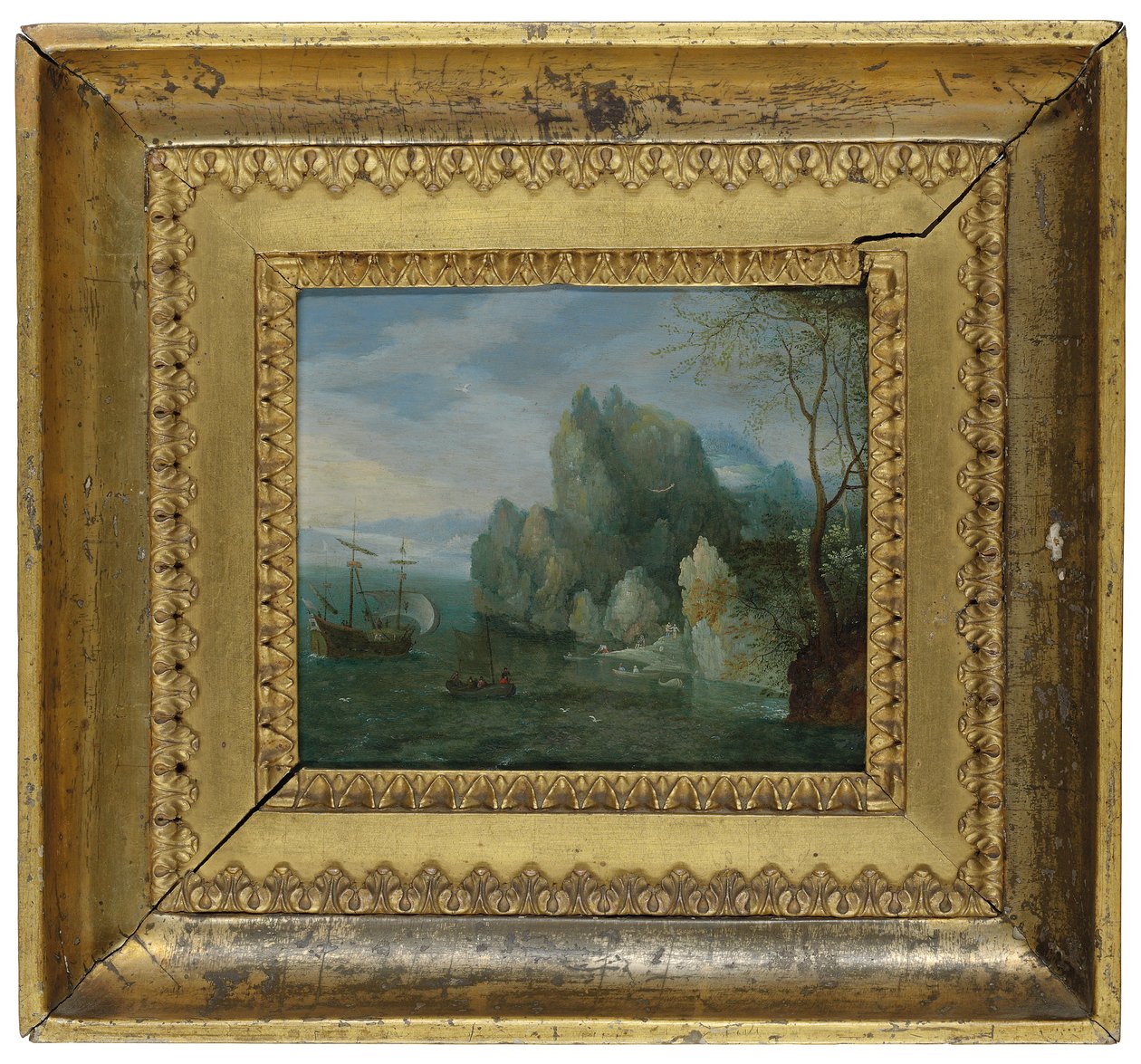 Paesaggio Costiero Roccioso con Figure sulla Riva e una Galea Ormeggiata da Cornelis Liefrinck