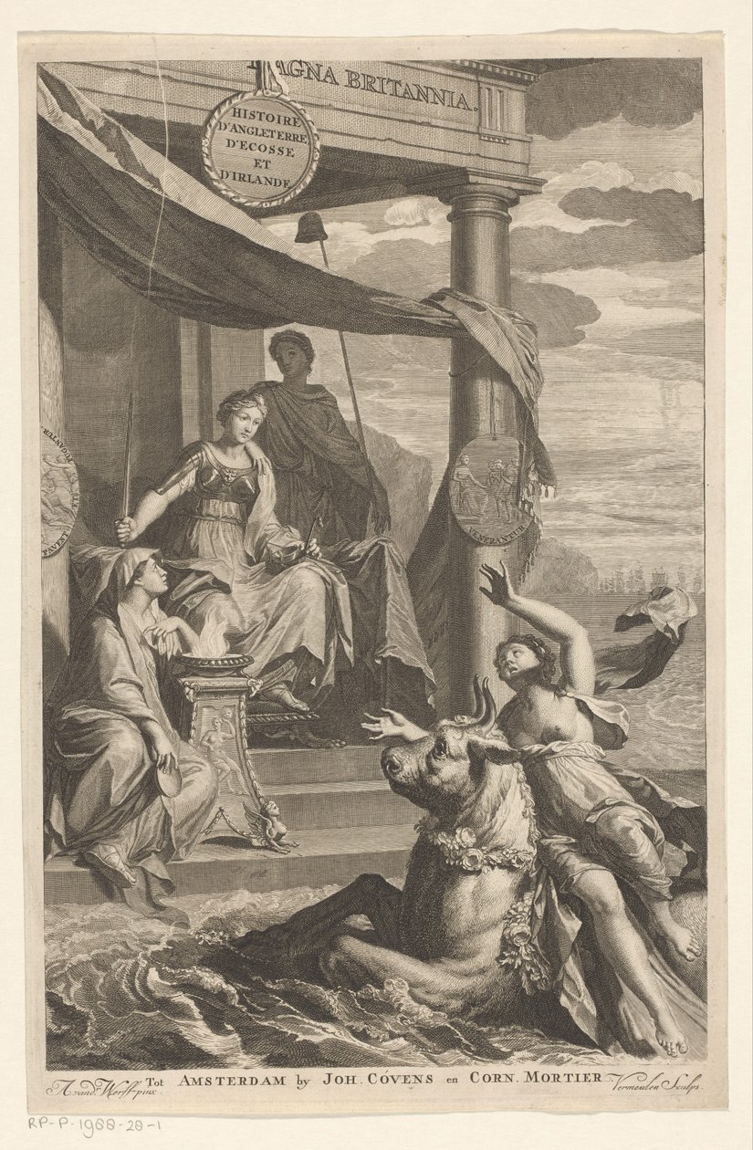 Ontvoering van Europa gadegeslagen door Britannia (Titelpagina voor: Isaac de Larrey, Histoire d
