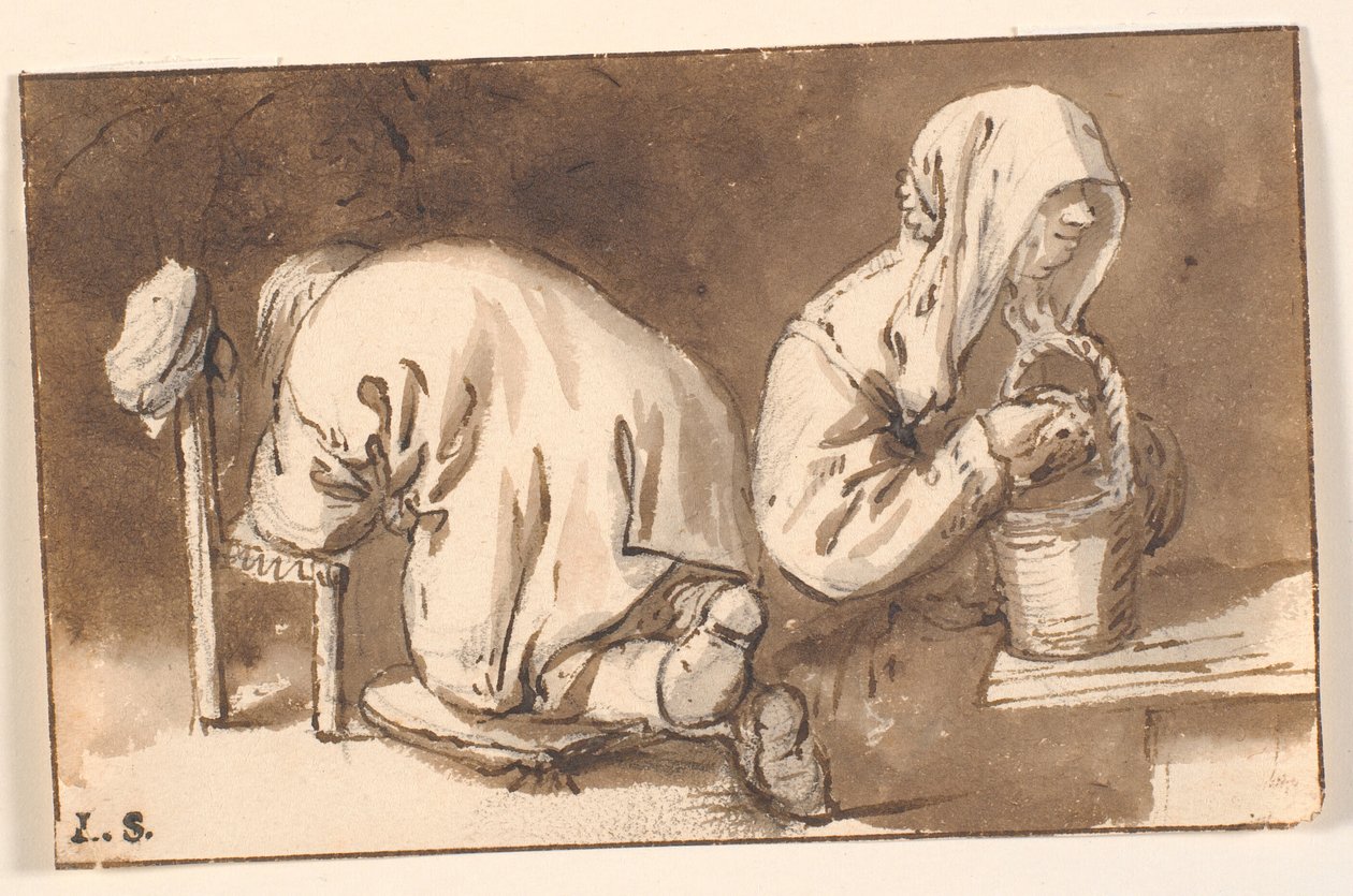 Un uomo inginocchiato e una donna con un cesto da Cornelis Pietersz Bega