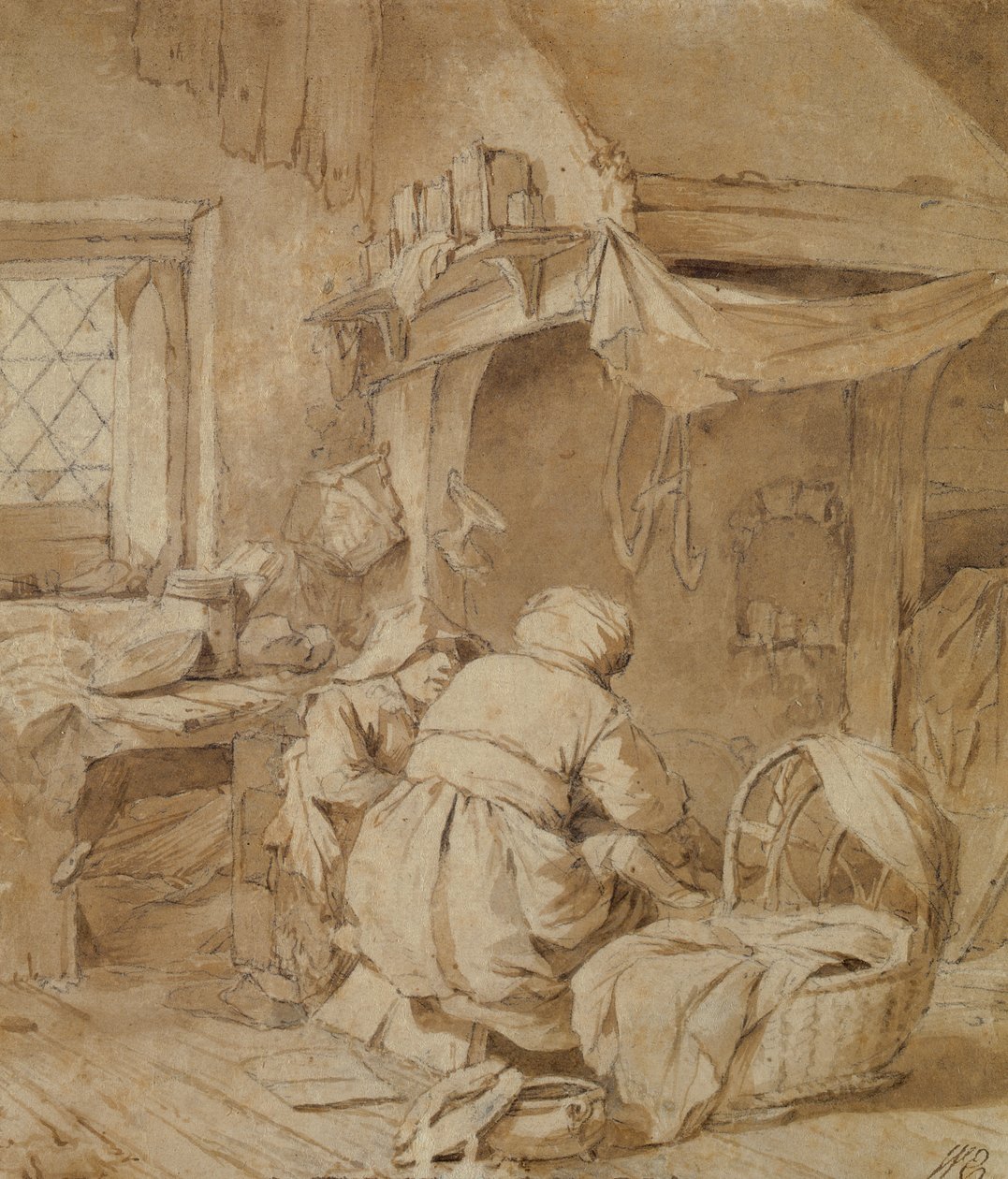 Salotto di una fattoria con contadino, culla e bambino, c.1654 da Cornelis Pietersz Bega