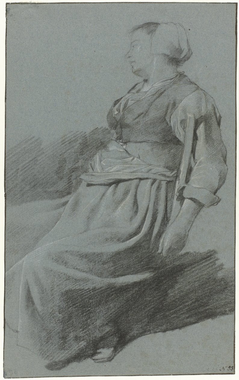 Donna seduta, rivolta a sinistra e con un cappello, con il braccio appoggiato sullo schienale di una sedia da Cornelis Pietersz. Bega