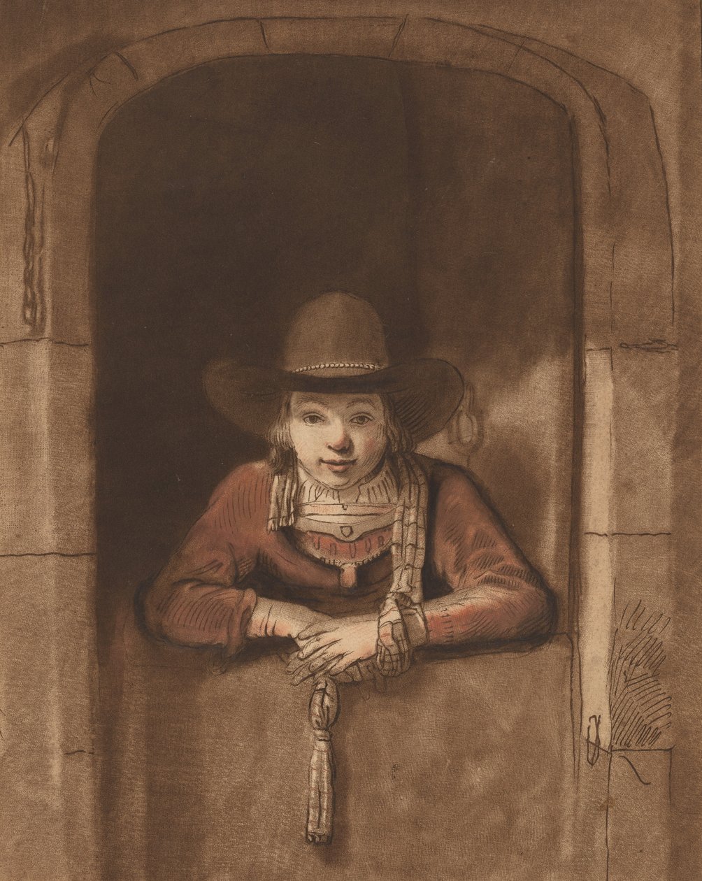 Ragazzo che si sporge su una porta bassa, 1763, pubblicato 1765 da Cornelis Ploos van Amstel