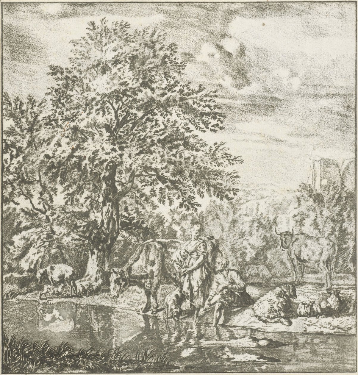 Pastore e pastorella con gregge presso un fiume da Cornelis Ploos van Amstel