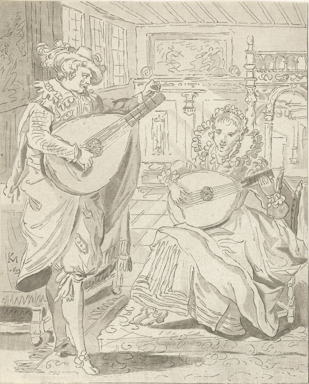 Gentiluomo e dama che suonano il liuto da Cornelis Ploos van Amstel