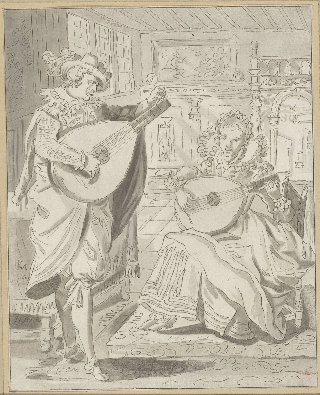 Gentiluomo e dama che suonano il liuto da Cornelis Ploos van Amstel