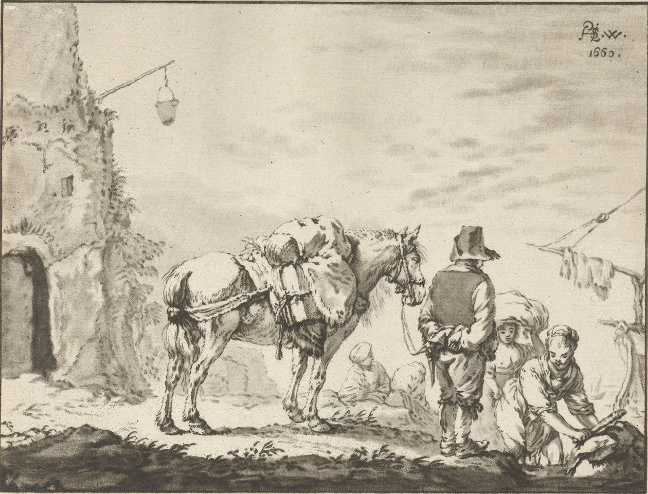 Uomo con cavallo vicino a una lavandaia da Cornelis Ploos van Amstel