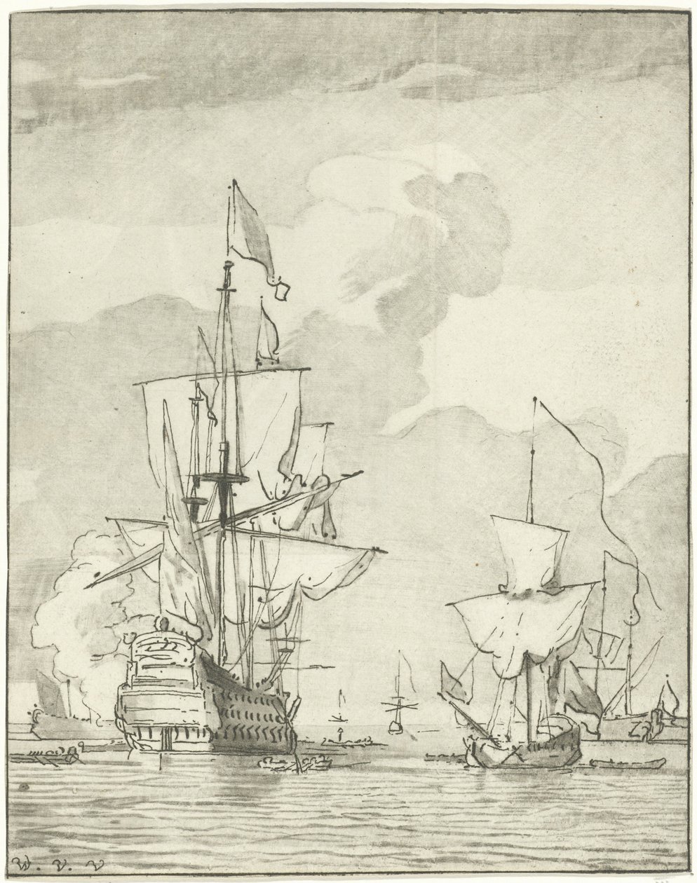 Nave da guerra che spara un colpo da Cornelis Ploos van Amstel