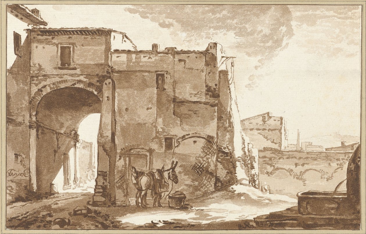 Porta con viaggiatore e mulo da Cornelis Ploos van Amstel