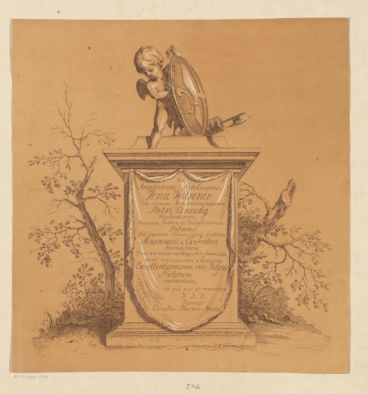 Putto in piedi su un monumento con dedica a Jonas Witsen da Cornelis Ploos van Amstel