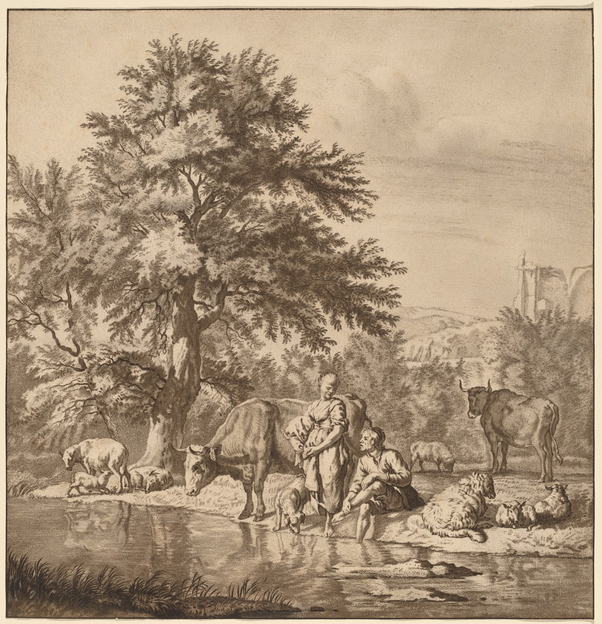 Pastore e pastorella con il loro gregge da Cornelis Ploos van Amstel after Adriaen