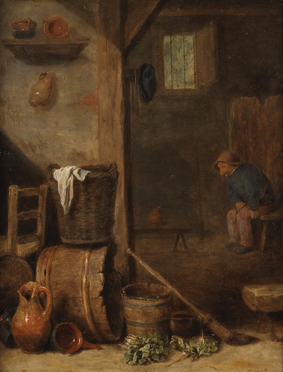 Un interno di cucina con una figura seduta nella stanza adiacente da Cornelis Saftleven