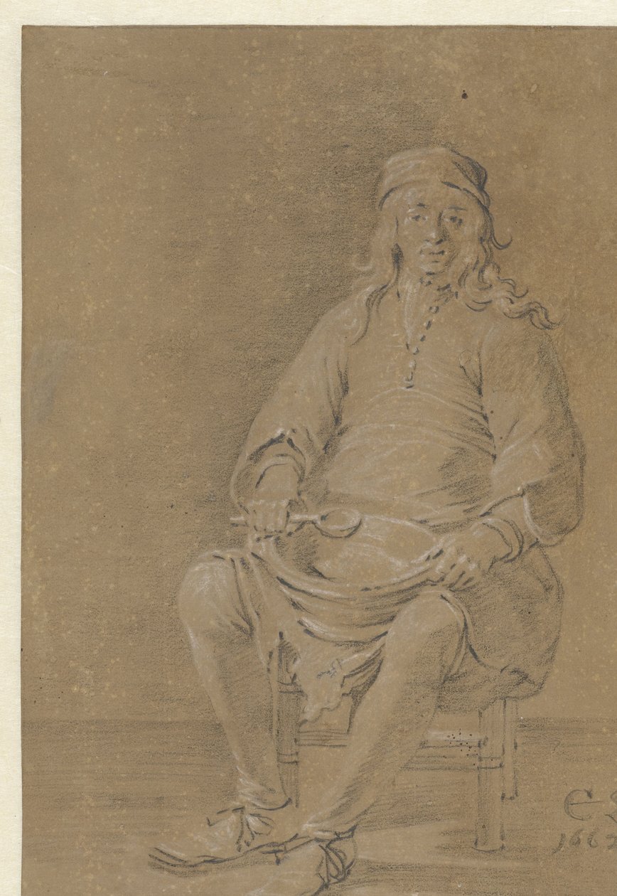 Uomo seduto con una ciotola in grembo da Cornelis Saftleven