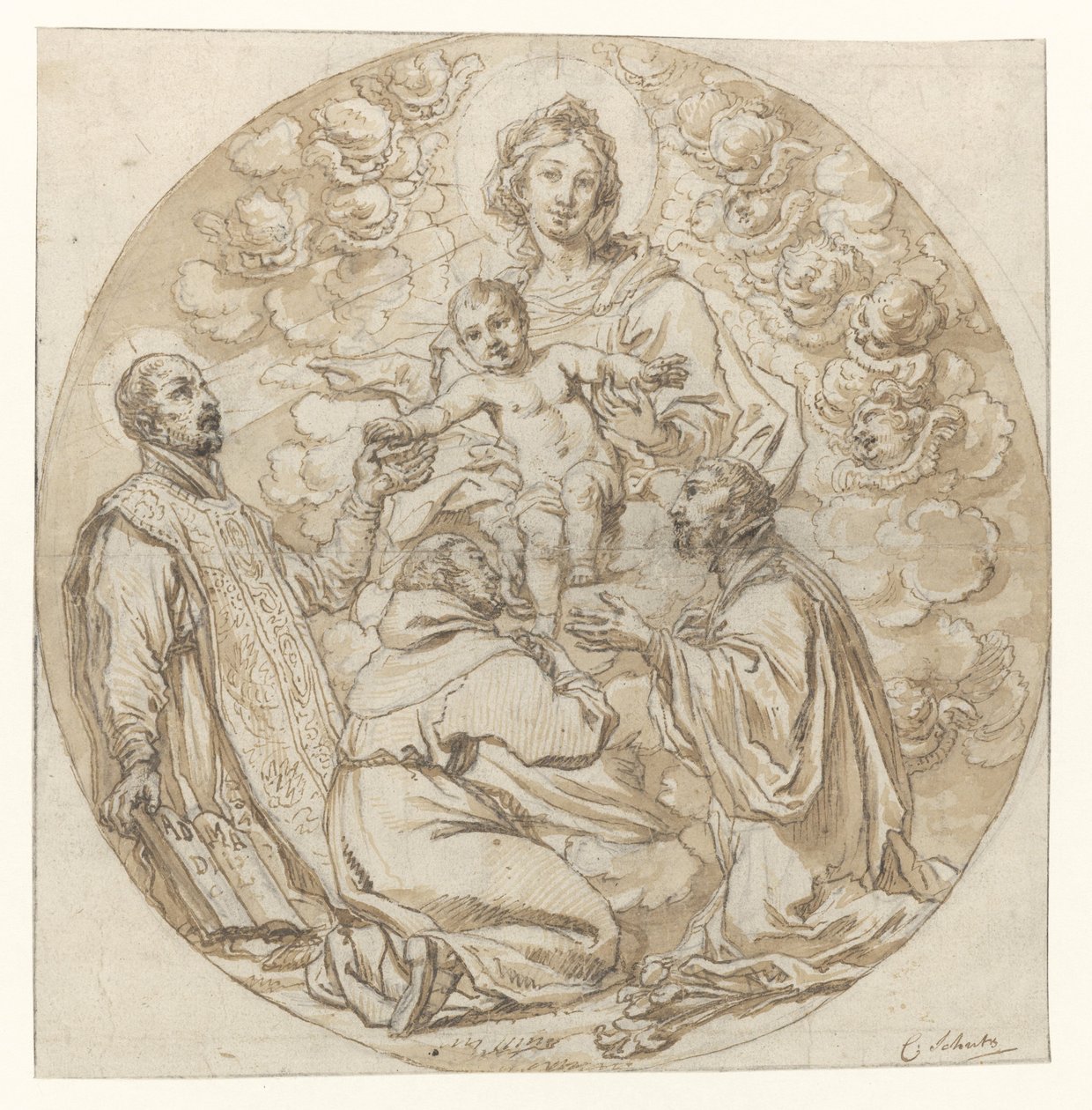 Maria con bambino adorata da S. Ignazio di Loyola, S. Francesco Saverio e santo monaco da Cornelis Schut (I)