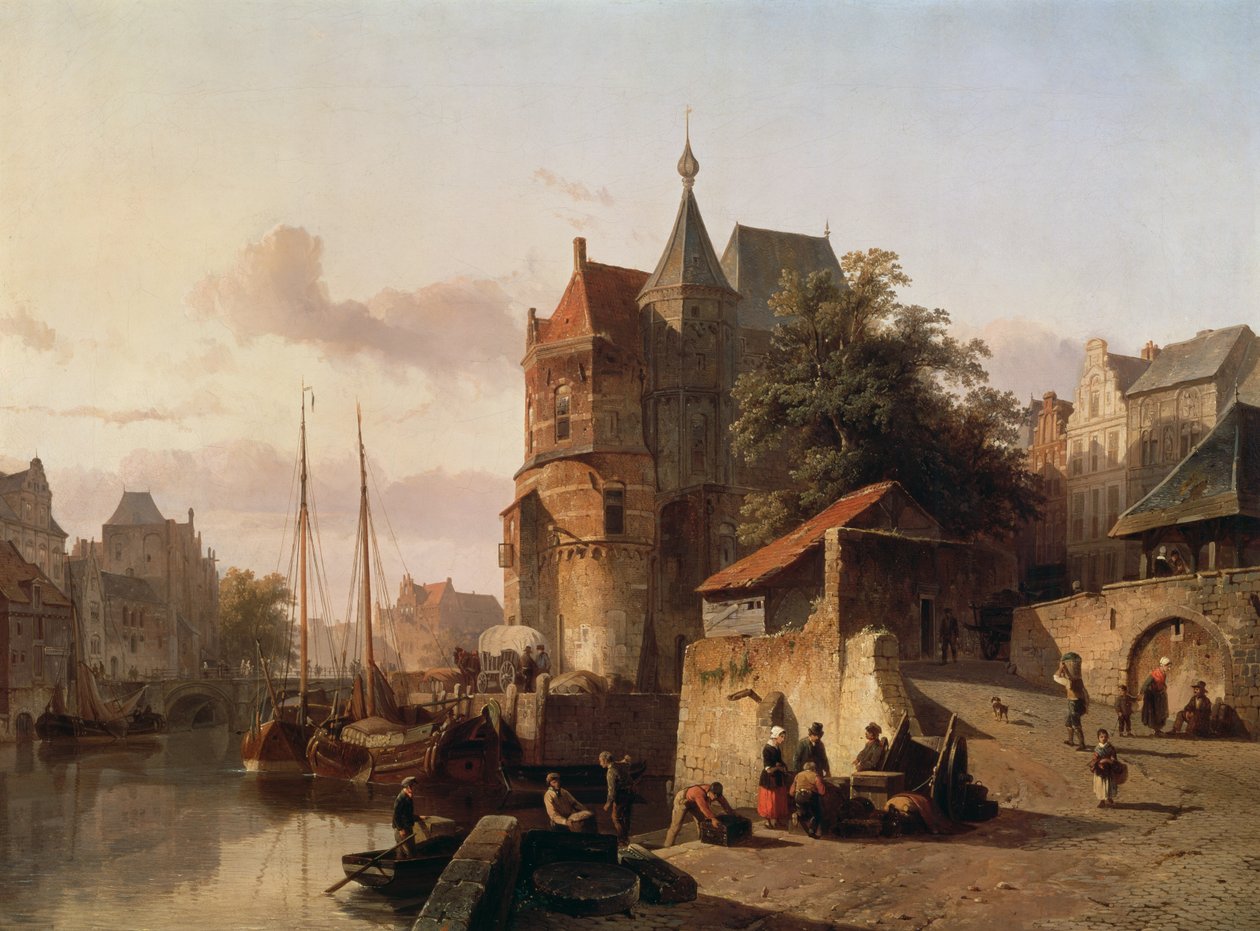 Scena olandese: edifici fortificati sulle rive di un canale da Cornelis Springer