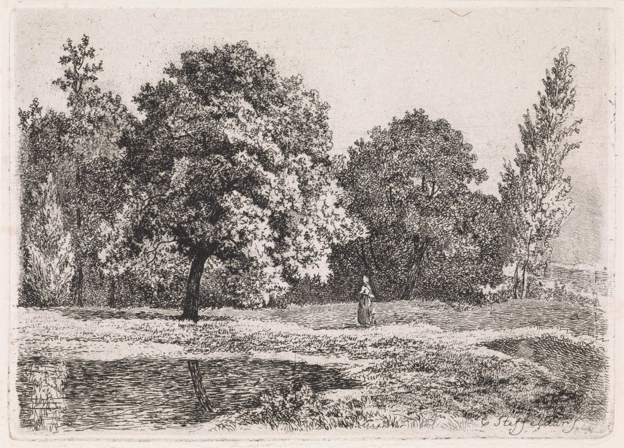 Paesaggio con alberi, lago e una donna (Quinta suite) da Cornelis Steffelaar