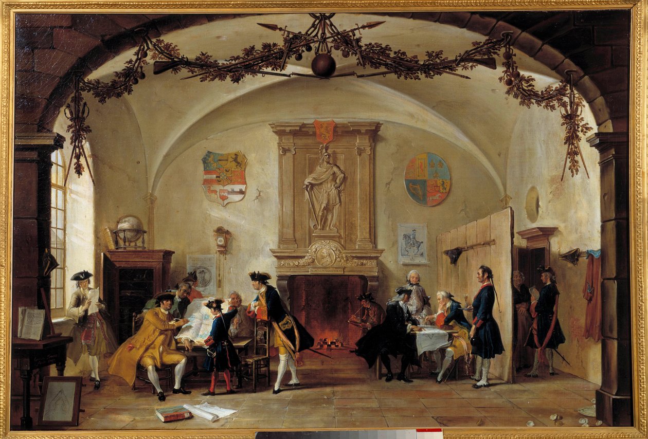 Allegoria della guerra contro la Francia. Soldati olandesi studiano strategie durante la Guerra di Successione Spagnola (1701-1714) tra Francia e Spagna e una coalizione formata da Inghilterra, Paesi Bassi e Prussia. L