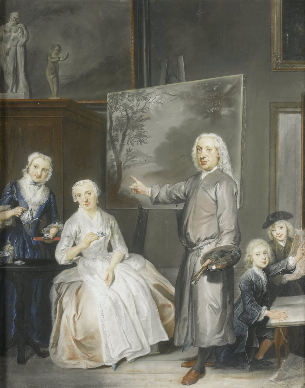 Il paesaggista Dirk Dalens III (1688-1753) con la sua seconda moglie Maria Schaack (m. 1766) e i figli Anna (nata 1725), Willem (1737-60) e Jacobus (1741-63) da Cornelis Troost