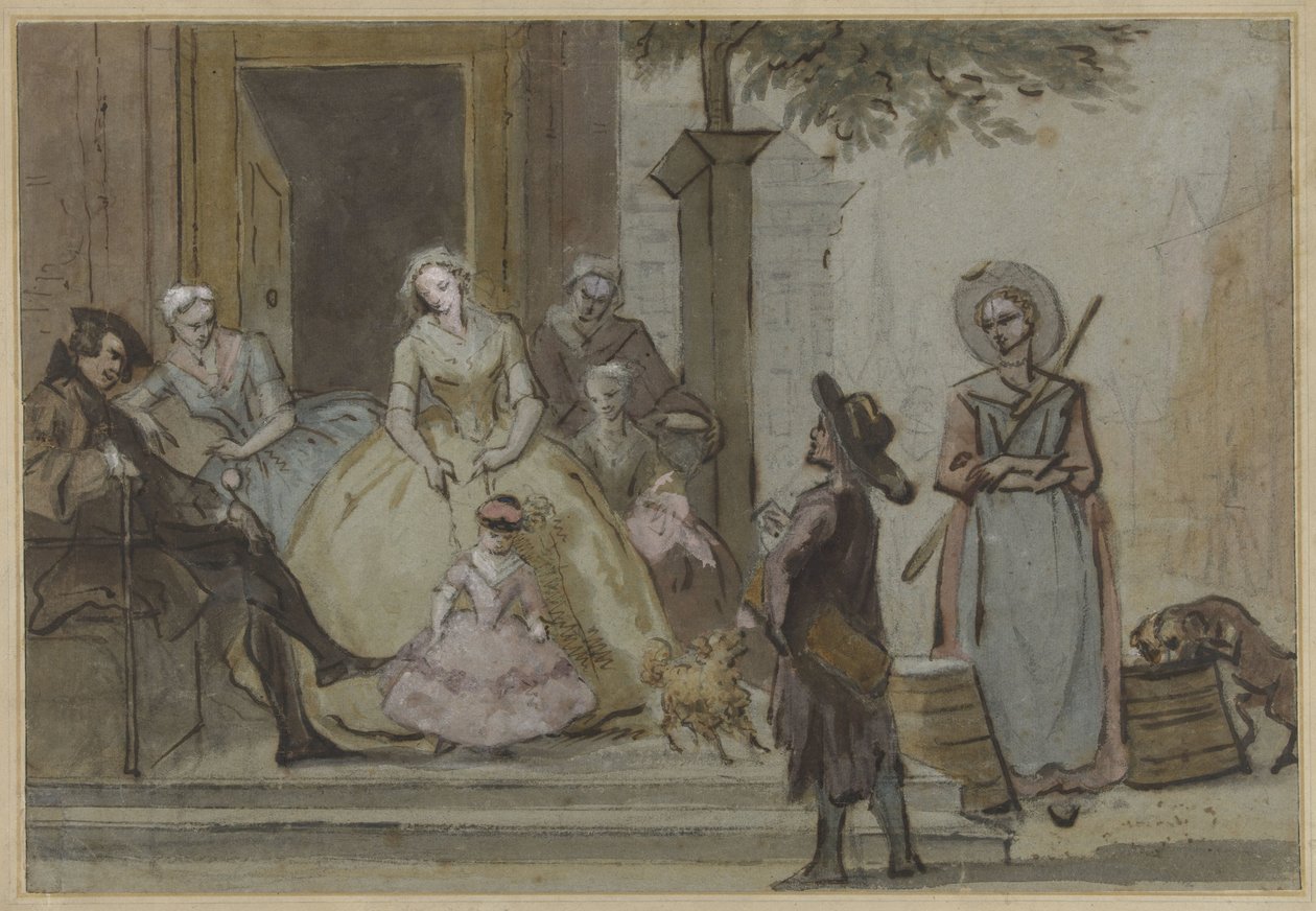 Suonatore di ghironda davanti a una famiglia in ascolto sulla soglia di una casa cittadina da Cornelis Troost