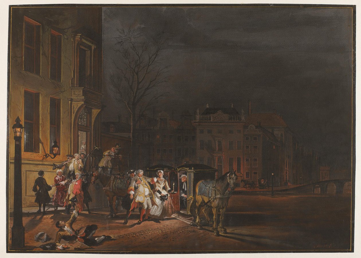 La partenza di una compagnia di distinti gentiluomini dopo una lieta serata da Cornelis Troost