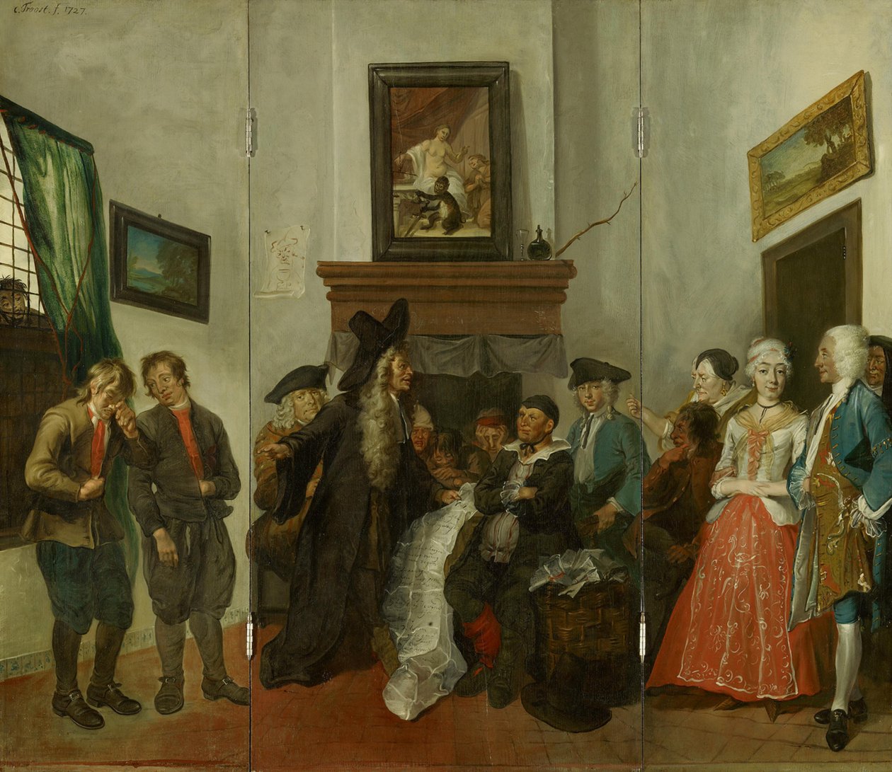 Trittico raffigurante il tribunale contadino della commedia «Beslikte Swaantje» da Cornelis Troost