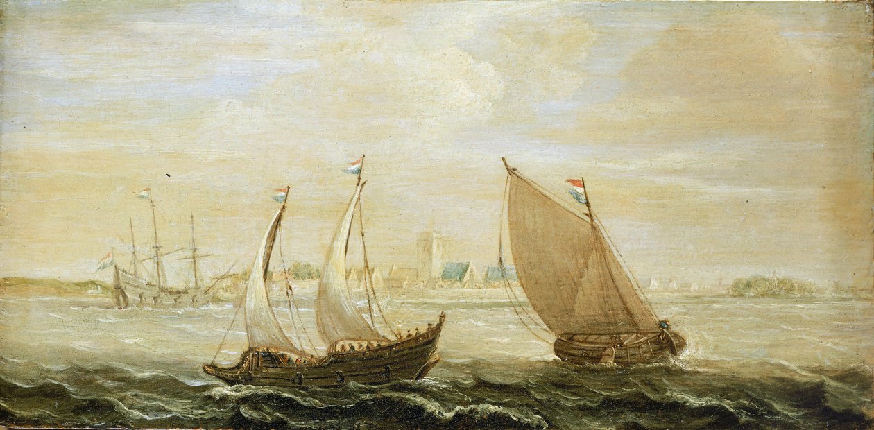 Uno yacht e una piccola nave a vela olandese, al largo della costa di un porto nello Zuiderzee da Cornelis Verbeeck