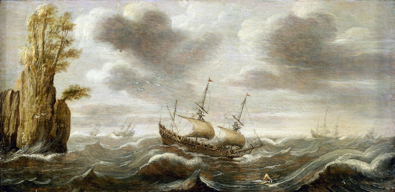 Barca olandese su un mare turbolento, che gira intorno a una roccia, con vegetazione sulla sua sommità, altre barche sono rappresentate all