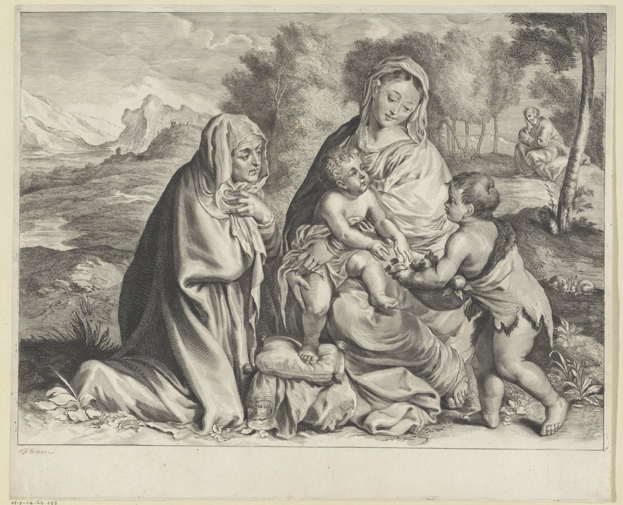 Paesaggio con la Sacra Famiglia, Giovanni Battista ed Elisabetta da Cornelis Visscher (II)