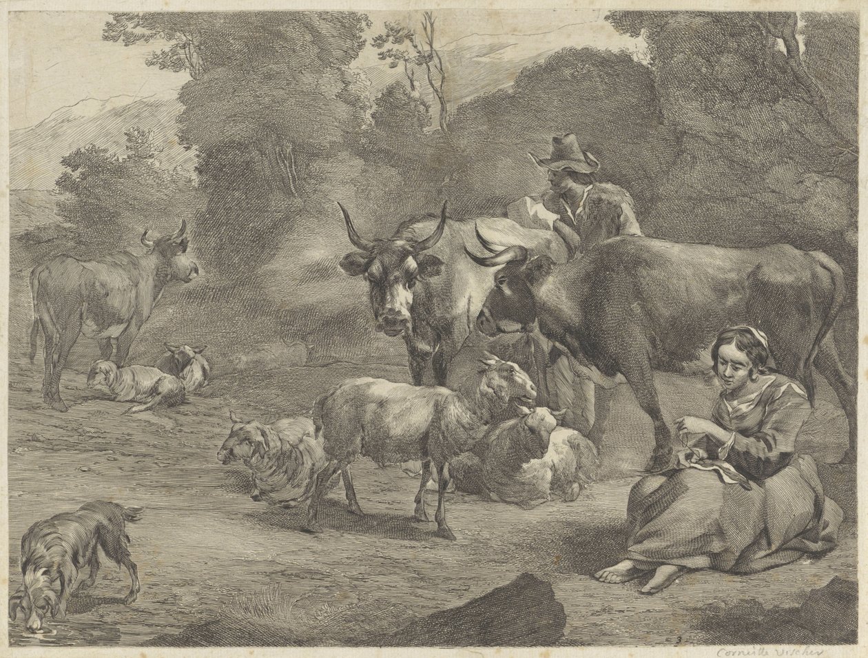 Paesaggio con un pastore e una pastorella che cuce da Cornelis Visscher (II)