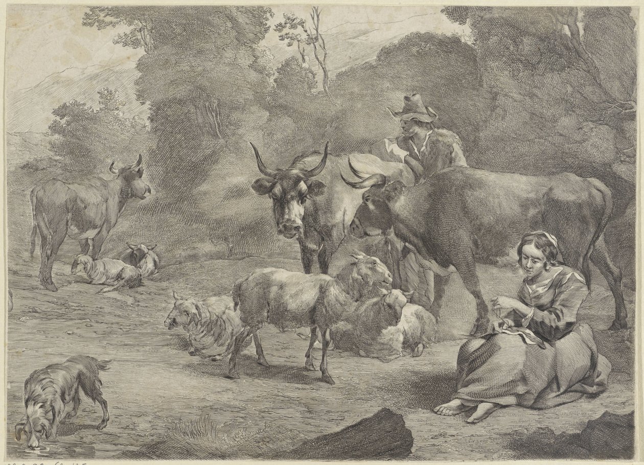 Paesaggio con un pastore e una pastorella che cuce da Cornelis Visscher (II)