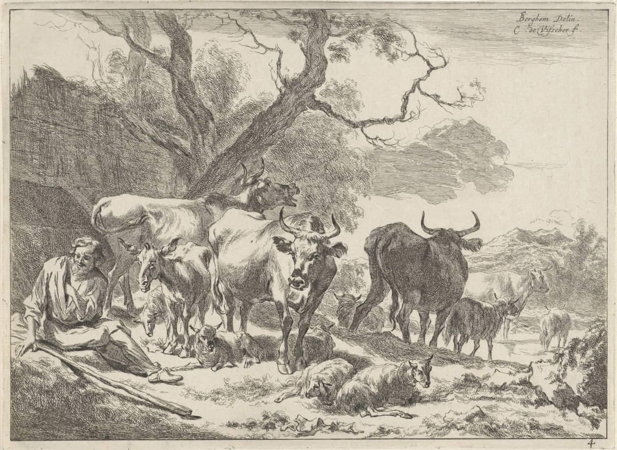Vecchio pastore a riposo con il suo gregge da Cornelis Visscher (II)