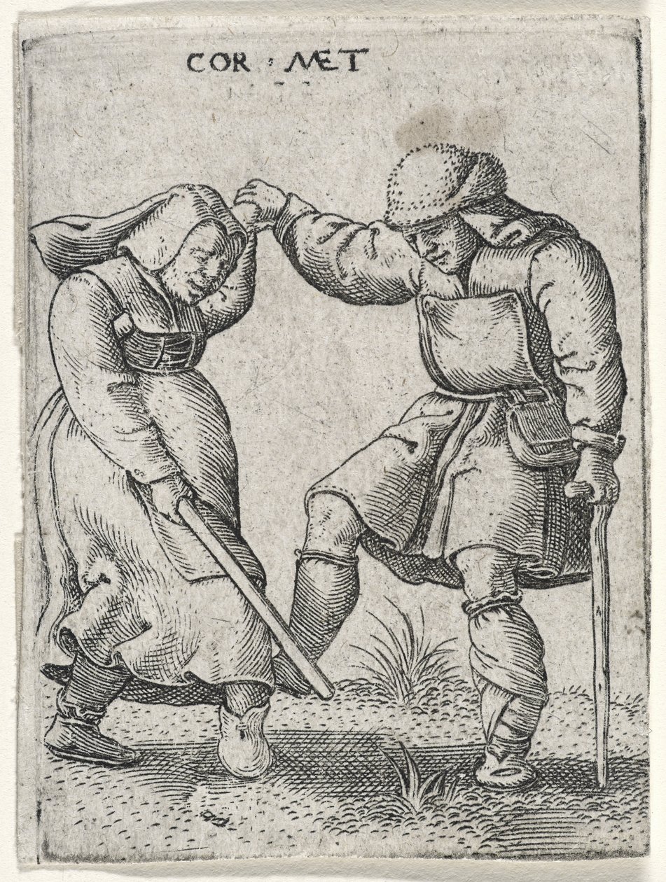 Un uomo con un piede bendato che balla con una donna, 1572 (incisione su carta) da Cornelis after Massys
