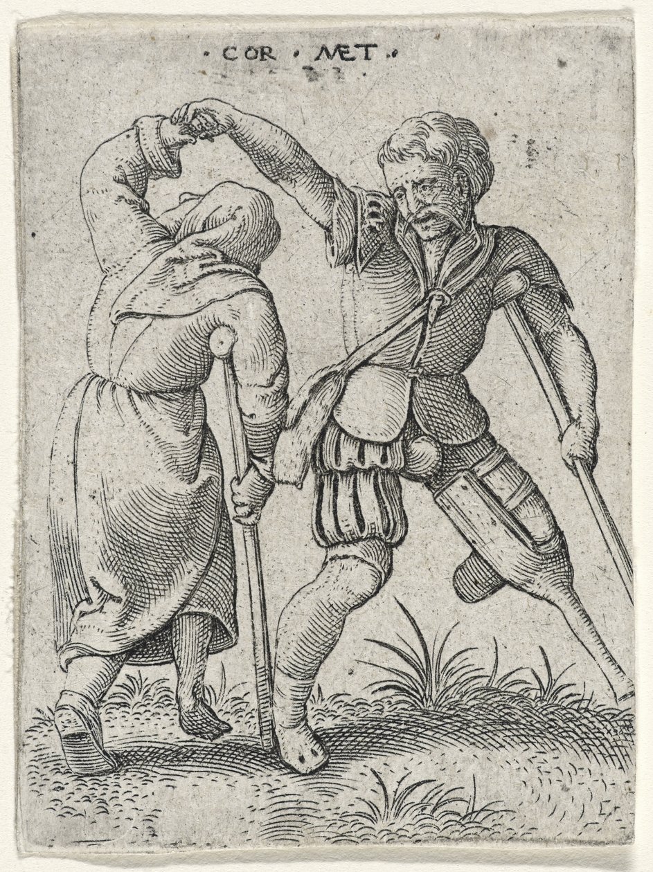 Un uomo con una gamba di legno che fa girare una donna zoppa sotto il suo braccio, 1572 (incisione su carta) da Cornelis after Massys