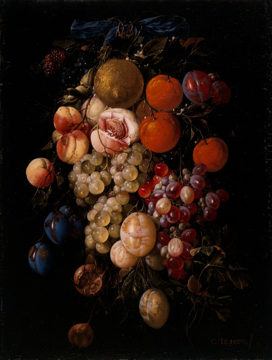 Natura morta di uva, ciliegie e prugne appese a un chiodo con un nastro blu da Cornelis de Heem